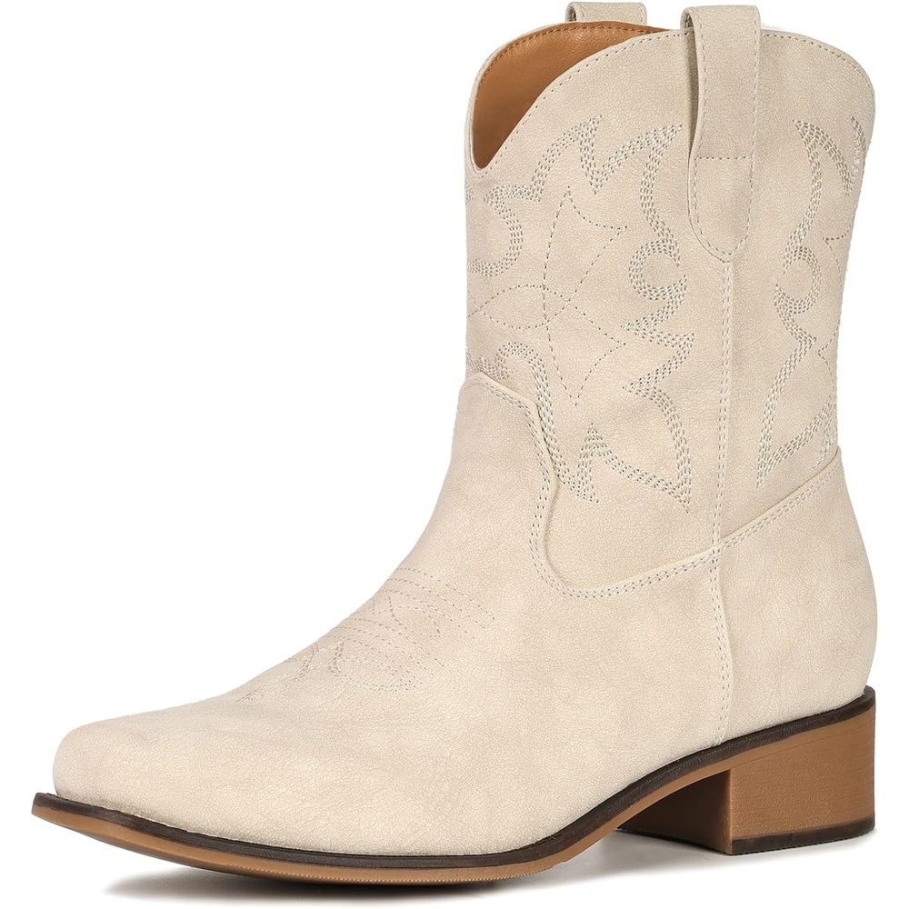 image:imageIUV Cowboy Boots for Women Square Toe Ankle Western Cowgirl Boots Classic Embroidered BootiesStone White