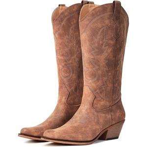 image:imageIUV Cowboy Boots For Women Chunky Heel Pointed Toe Cowgirl Boots Mid Calf Western Embroidery BootAll Brown