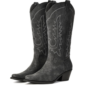 image:imageIUV Cowboy Boots For Women Chunky Heel Pointed Toe Cowgirl Boots Mid Calf Western Embroidery BootBlack Grey