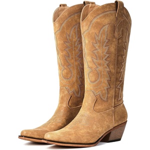 image:imageIUV Cowboy Boots For Women Chunky Heel Pointed Toe Cowgirl Boots Mid Calf Western Embroidery BootLight Brown