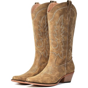 image:imageIUV Cowboy Boots For Women Chunky Heel Pointed Toe Cowgirl Boots Mid Calf Western Embroidery BootTaupe